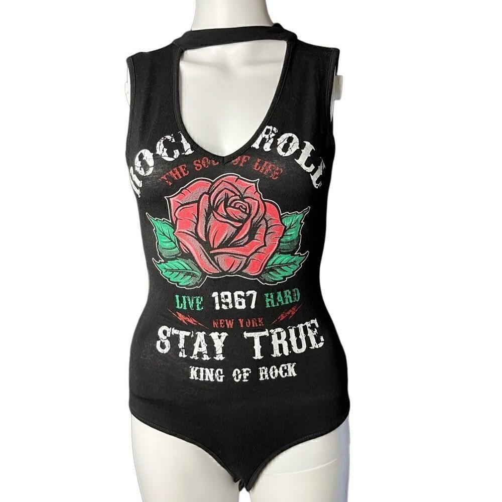 Pink Berry Rock n  Roll Cut out Bodysuit Black Size Small
